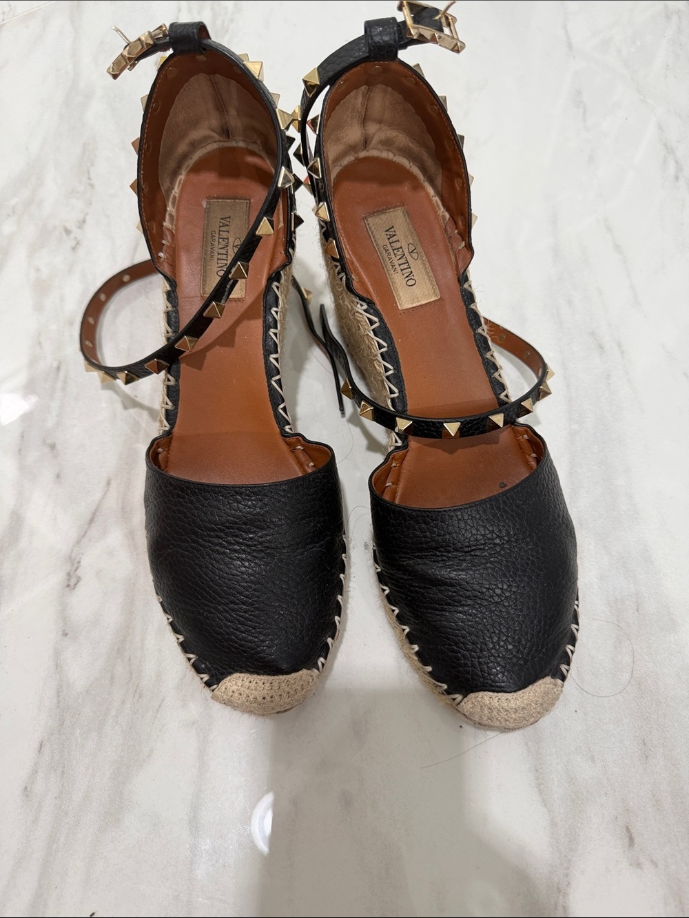 Valentino Garavani Black Leather Studded Espadrille Wedge Sandals - Picture 4 of 8